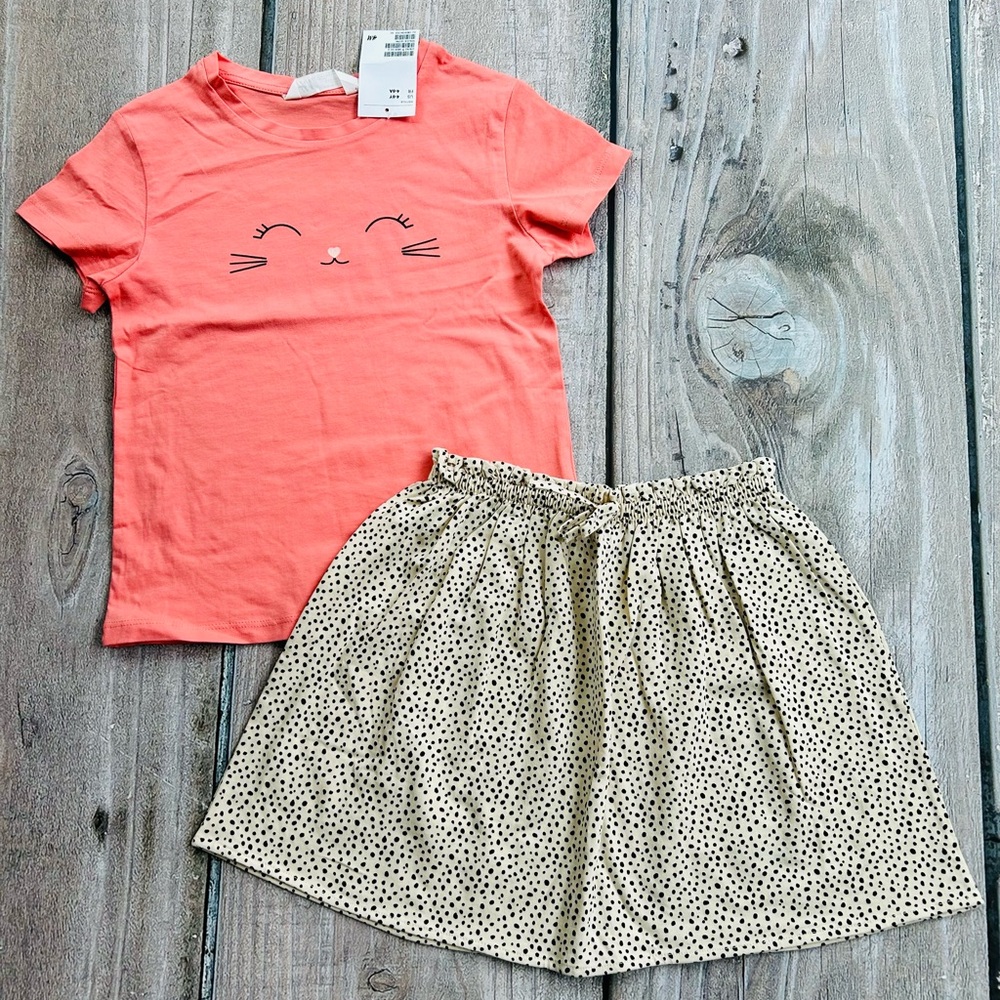 H&M size 4-6yrs Girls Pink Kitty Face Shirt Top & Cream Speckled Dot Skirt Set